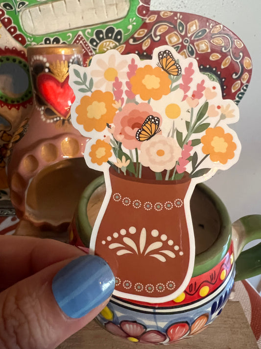 Sticker illustration of Mexica style vase with flowers and Butterflies 