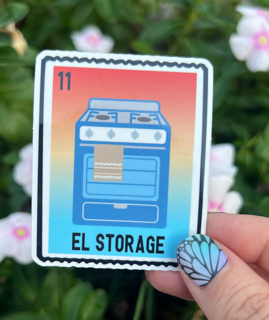Card with an oven illustration labeled 'EL STORAGE' held by a hand against a floral background