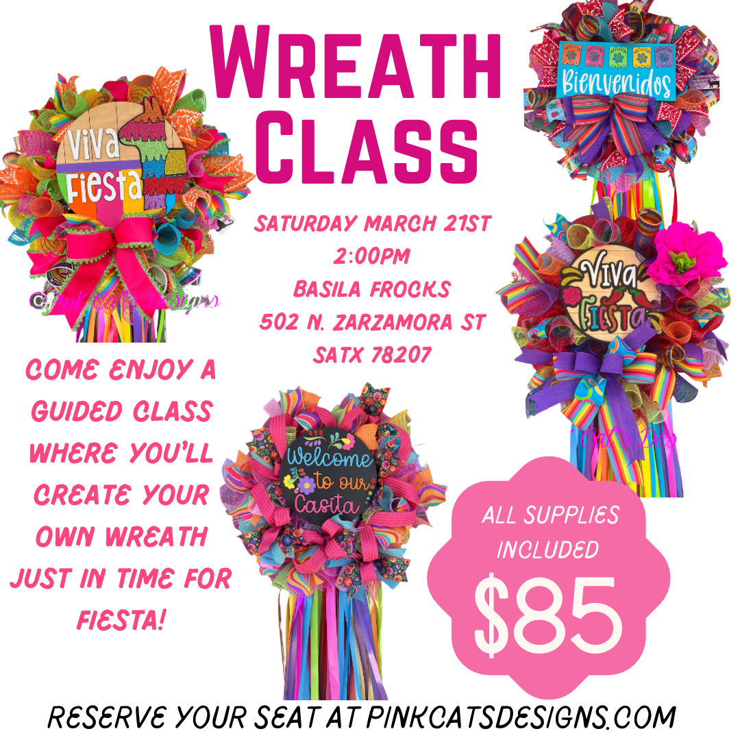 Advertisement for a wreath class with colorful wreaths and event details.