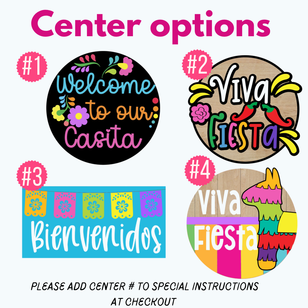 Four colorful signs with Spanish text and decorative elements on a white background.